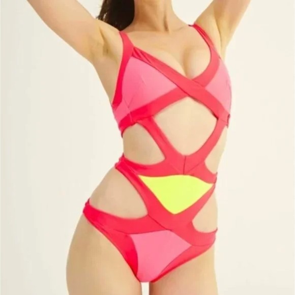NWT Agent Provocateur Mazzy Colorblock Monokini Swimsuit Sz 4 AP2 Pink Yellow - Picture 1 of 7